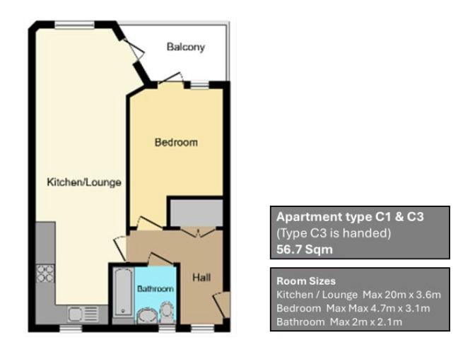 Floor plan 1 bedroom apartment - artist's impression subject to change